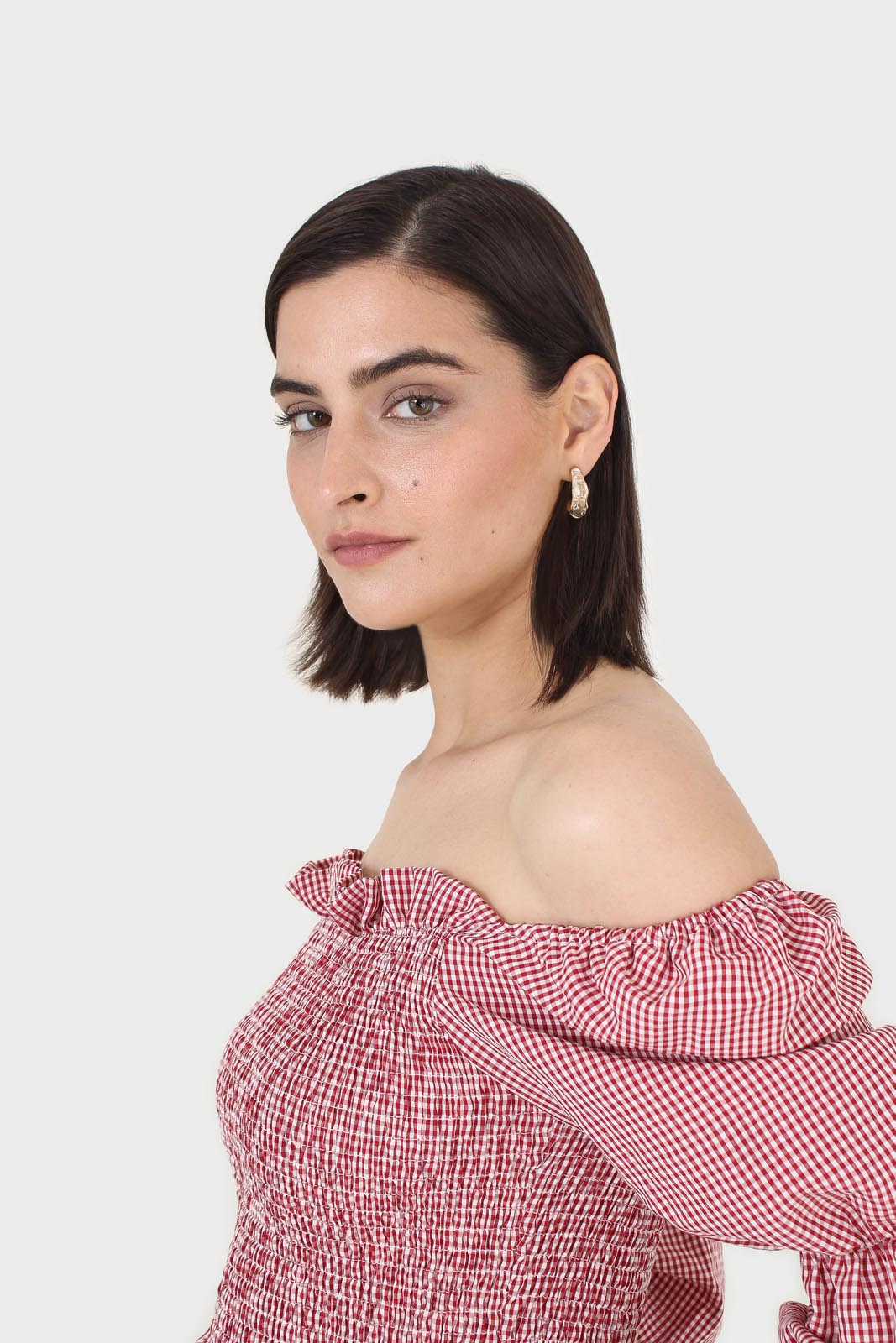 Red and white gingham ruched blouse