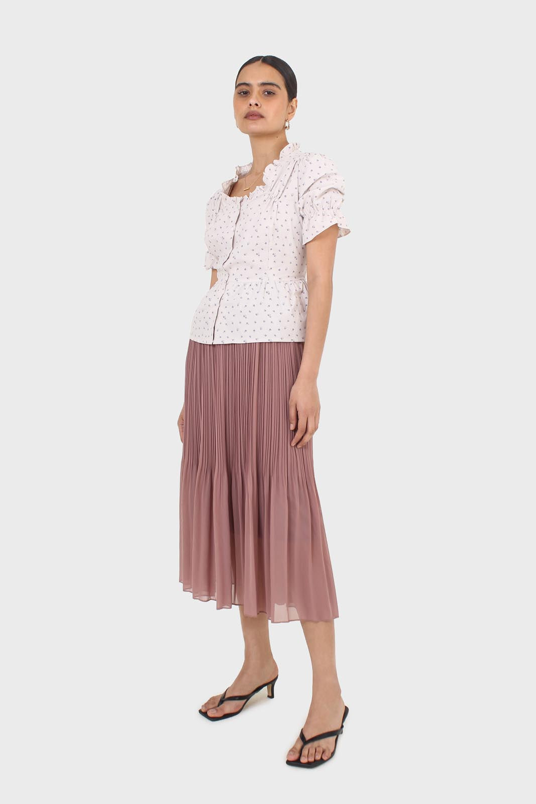 Oatmeal and lilac tiny flower print peasant blouse