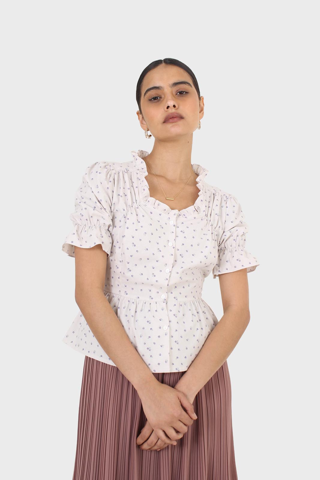 Oatmeal and lilac tiny flower print peasant blouse