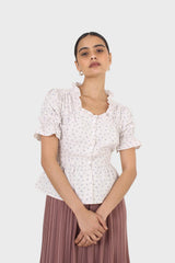 Oatmeal and lilac tiny flower print peasant blouse