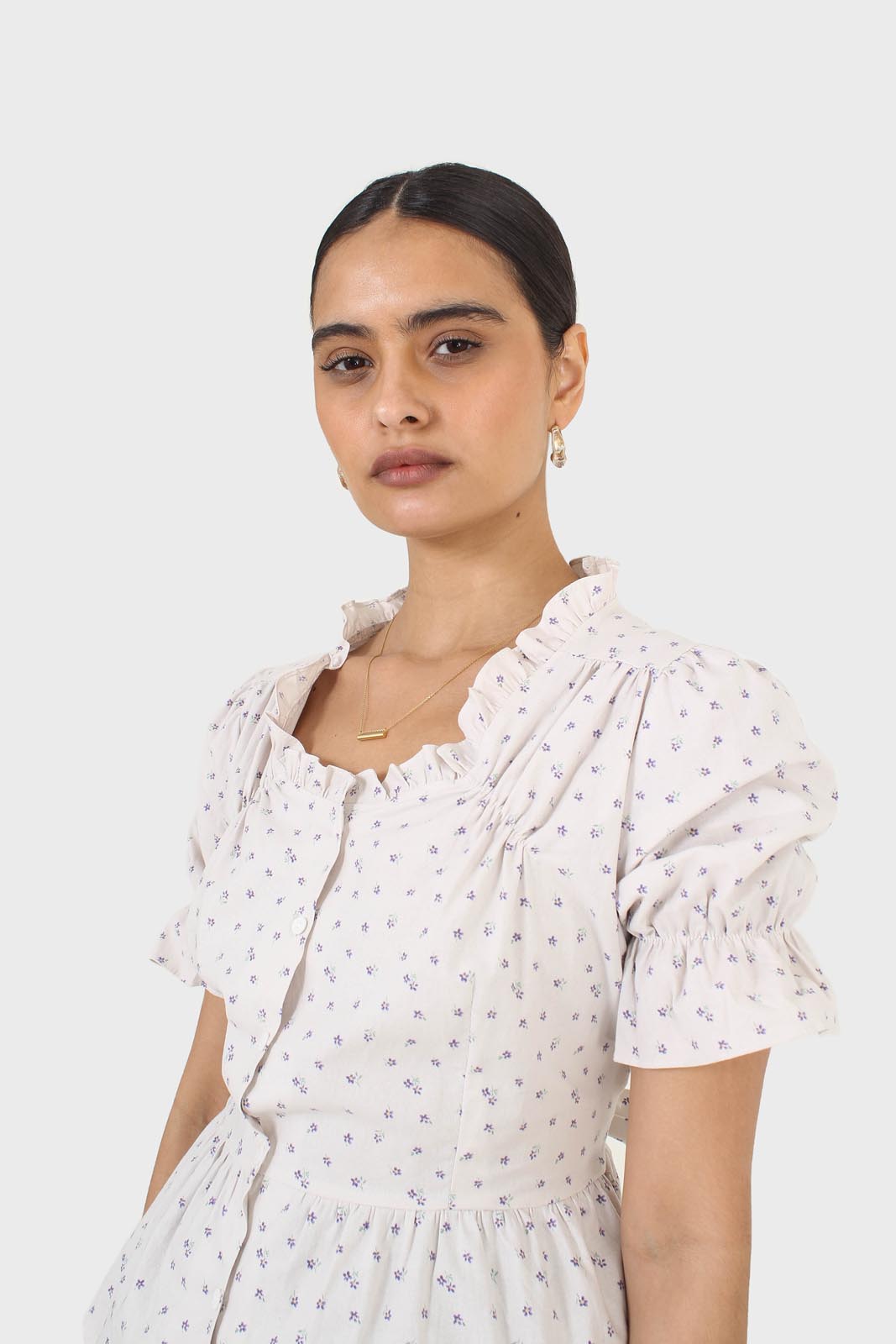 Oatmeal and lilac tiny flower print peasant blouse