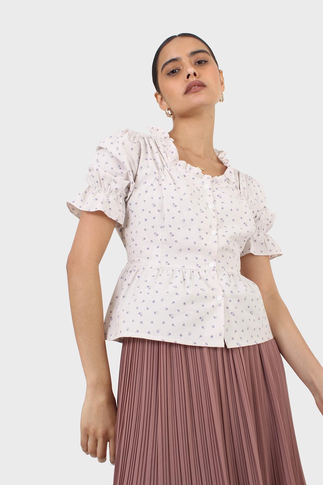Oatmeal and lilac tiny flower print peasant blouse