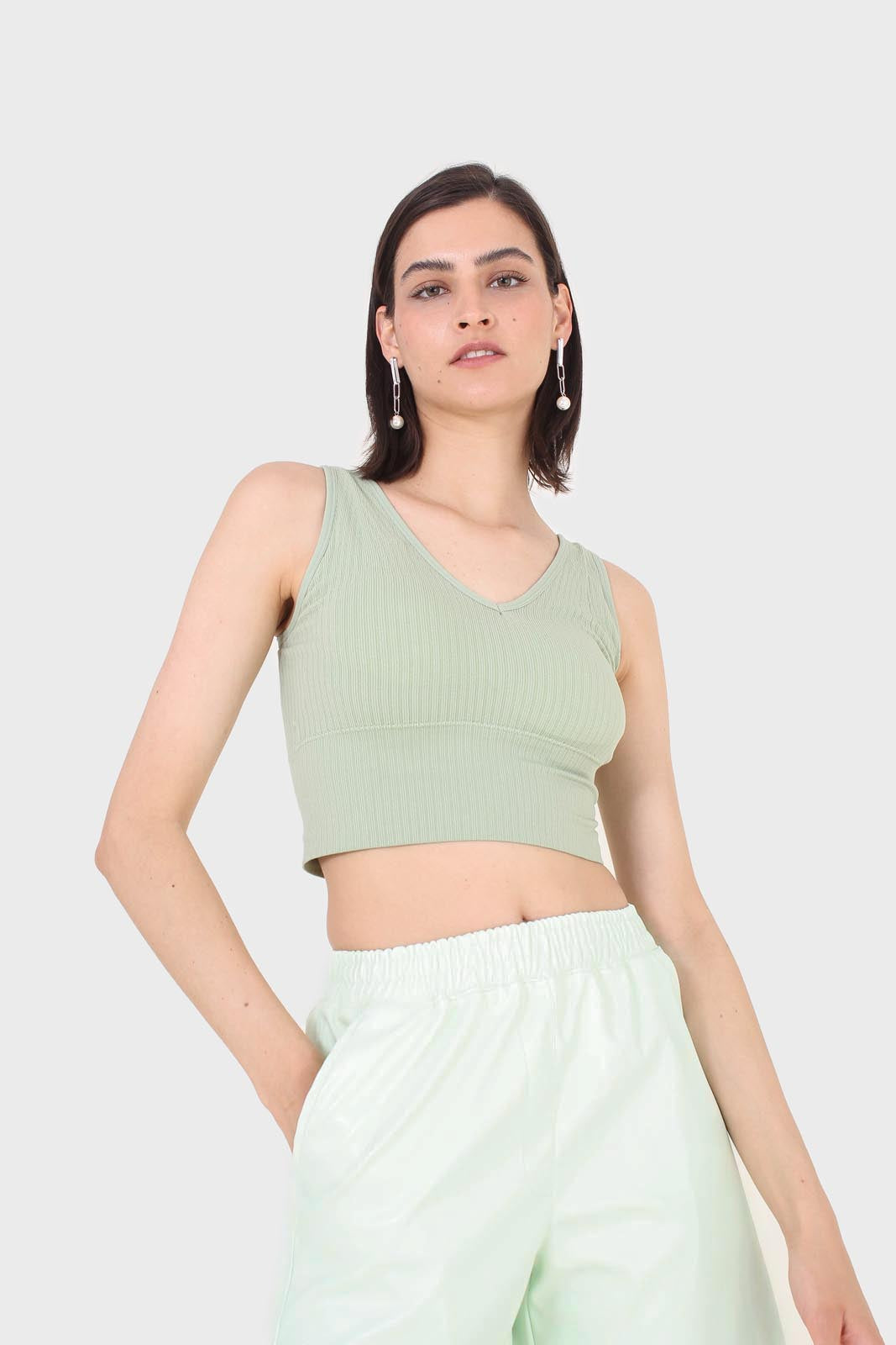 Sage green ribbed thick band v-neck bra top