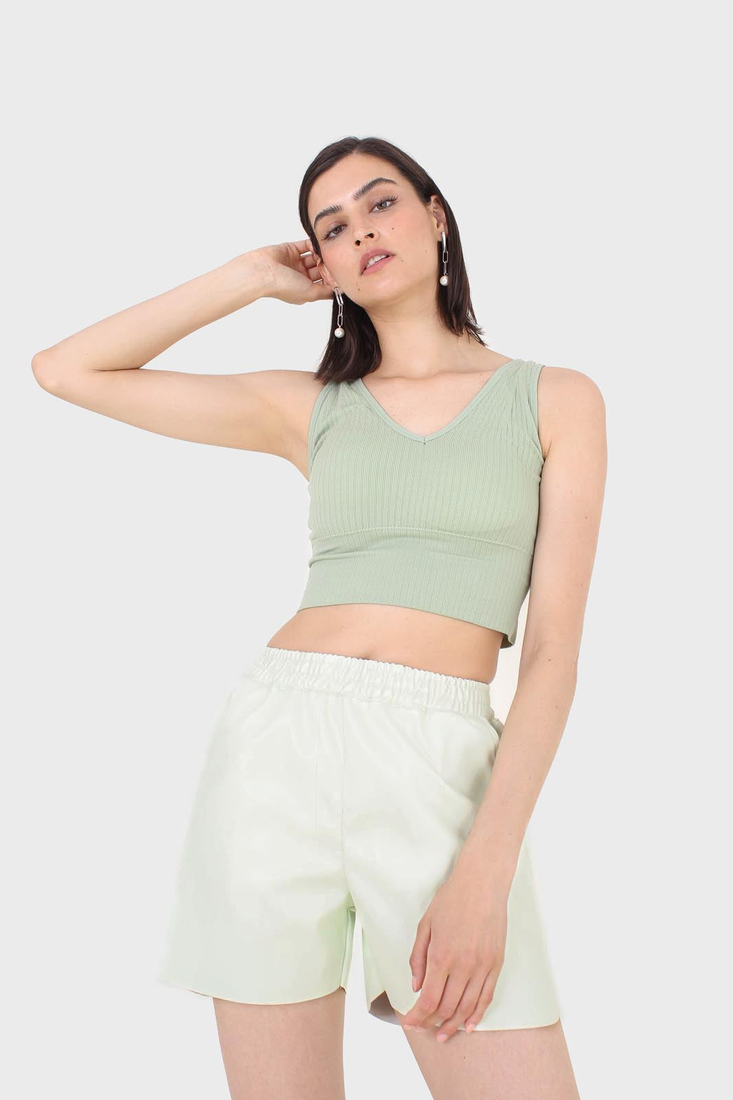 Sage green ribbed thick band v-neck bra top