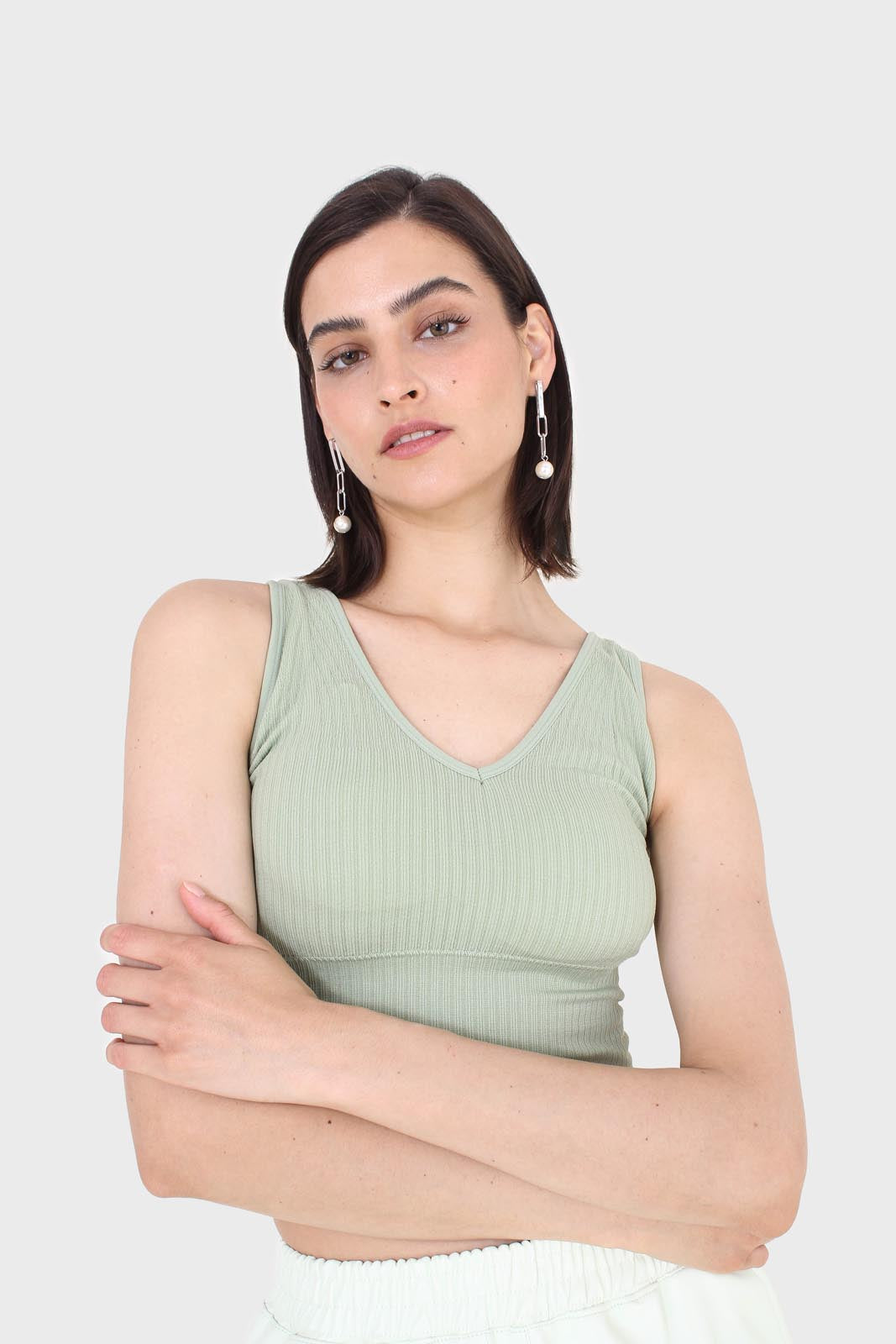 Sage green ribbed thick band v-neck bra top