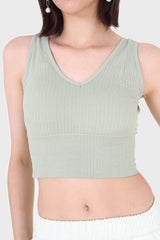 Sage green ribbed thick band v-neck bra top
