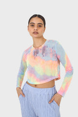 Pink blue and yellow tie dye mesh long sleeved top