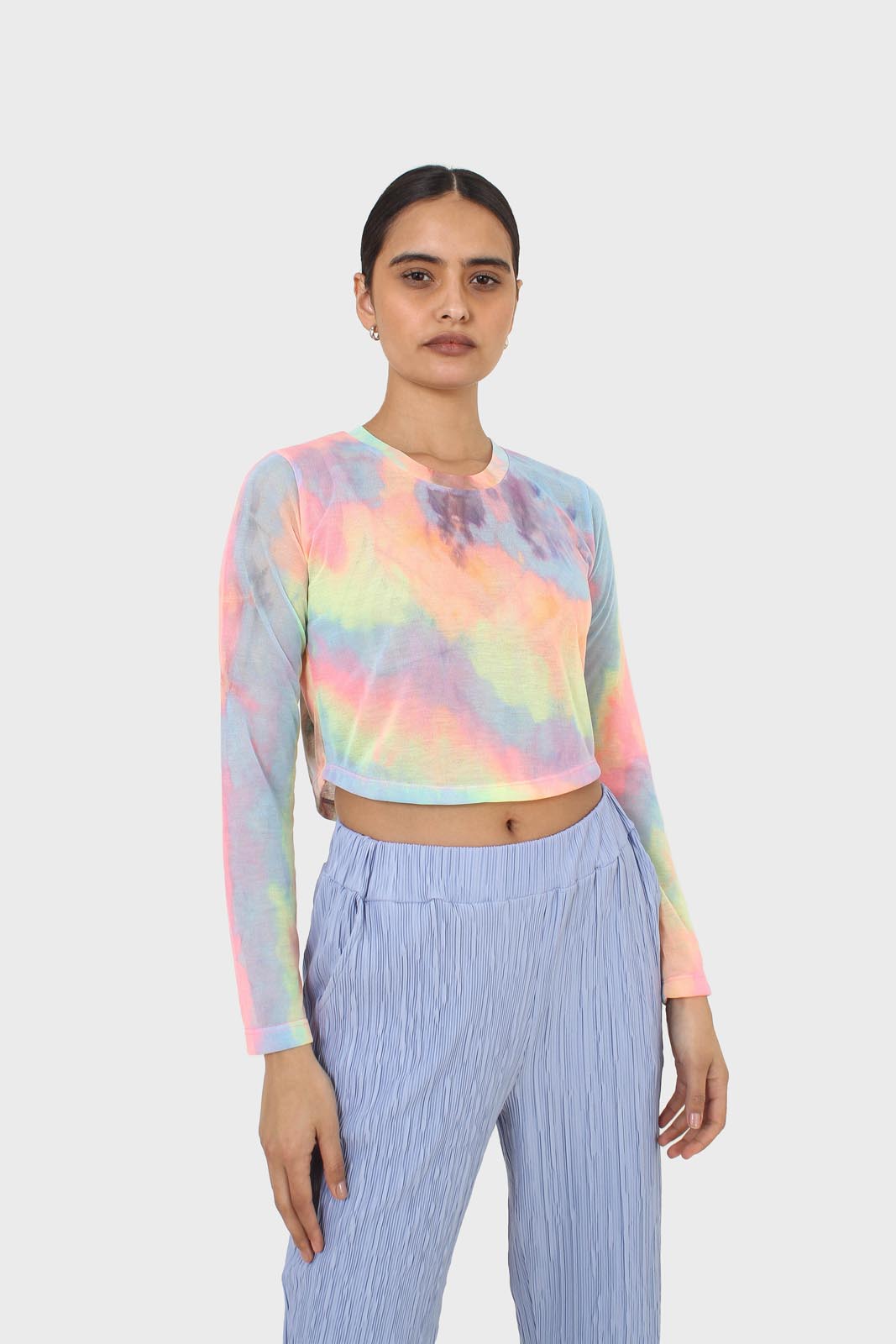 Pink blue and yellow tie dye mesh long sleeved top