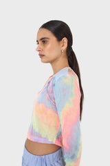 Pink blue and yellow tie dye mesh long sleeved top