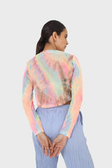 Pink blue and yellow tie dye mesh long sleeved top