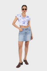 Blue and white tie dye lettuce hem short sleeved top