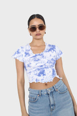 Blue and white tie dye lettuce hem short sleeved top