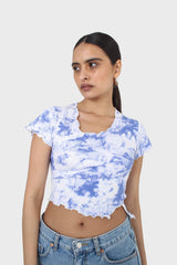 Blue and white tie dye lettuce hem short sleeved top