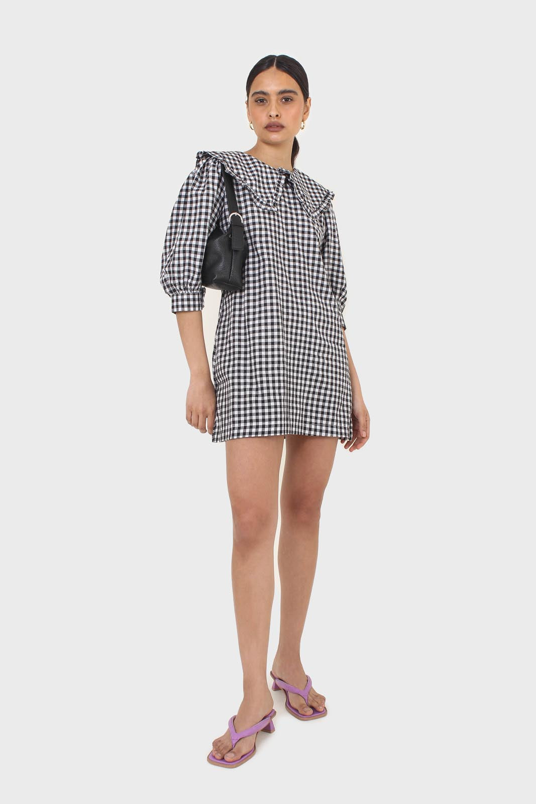 Black and ivory gingham large collar mini dress