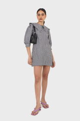 Black and ivory gingham large collar mini dress