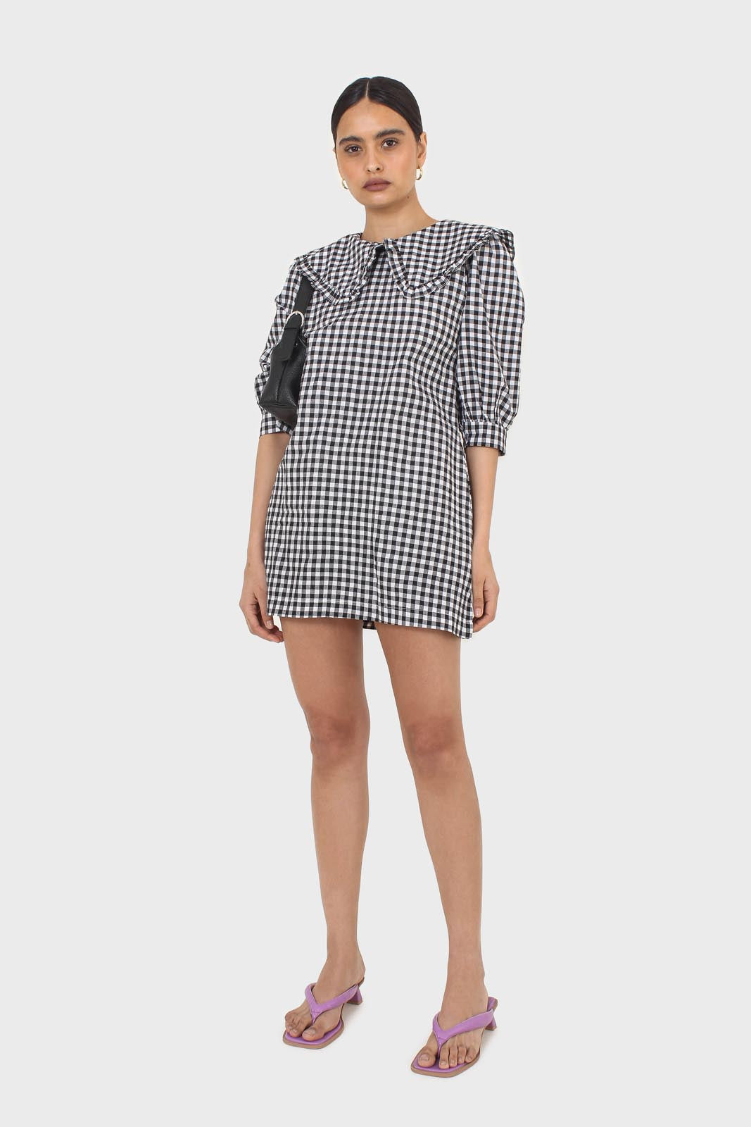 Black and ivory gingham large collar mini dress
