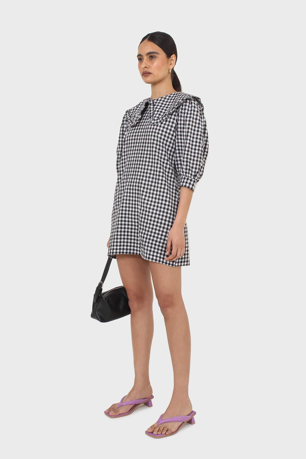 Black and ivory gingham large collar mini dress