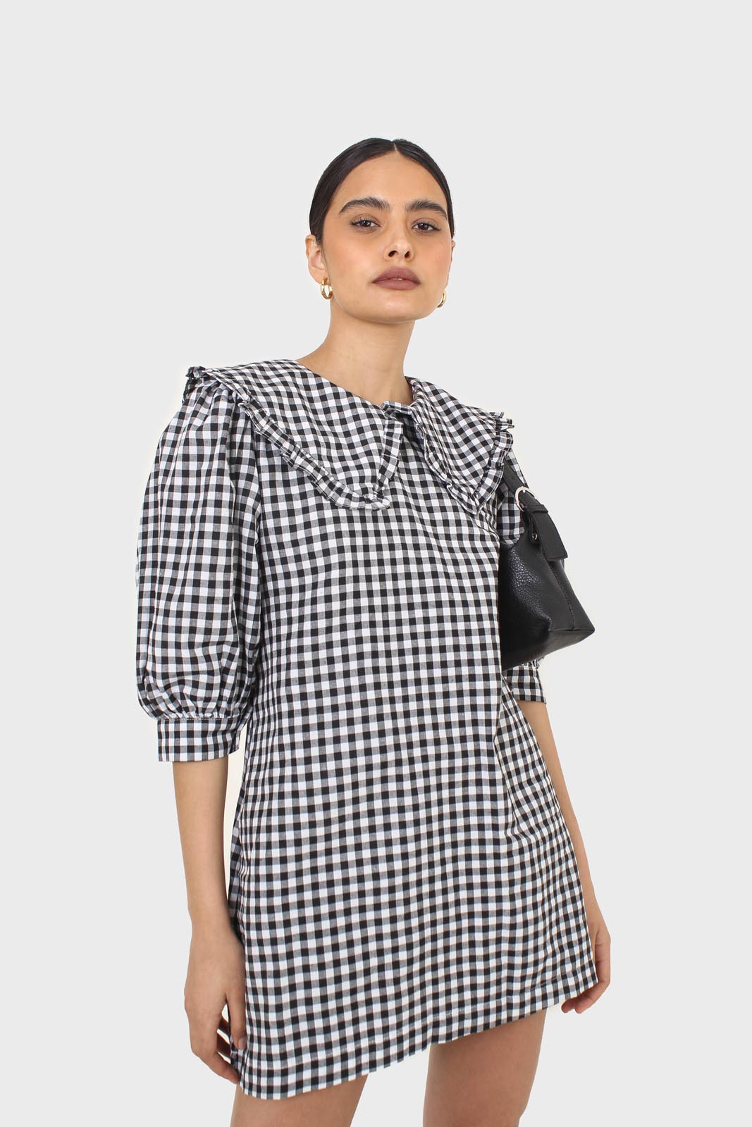Black and ivory gingham large collar mini dress