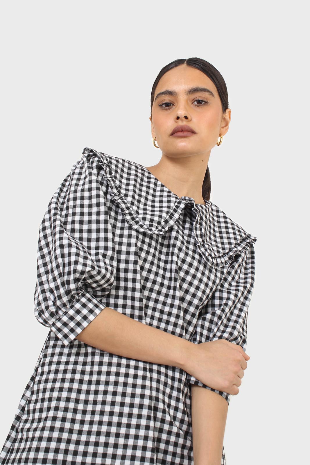 Black and ivory gingham large collar mini dress