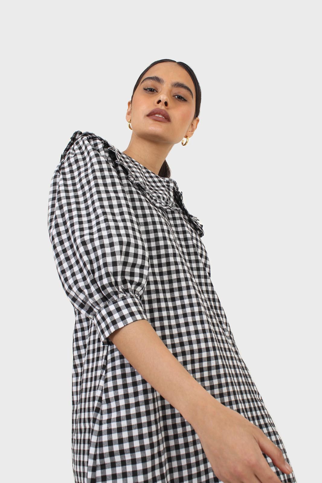 Black and ivory gingham large collar mini dress