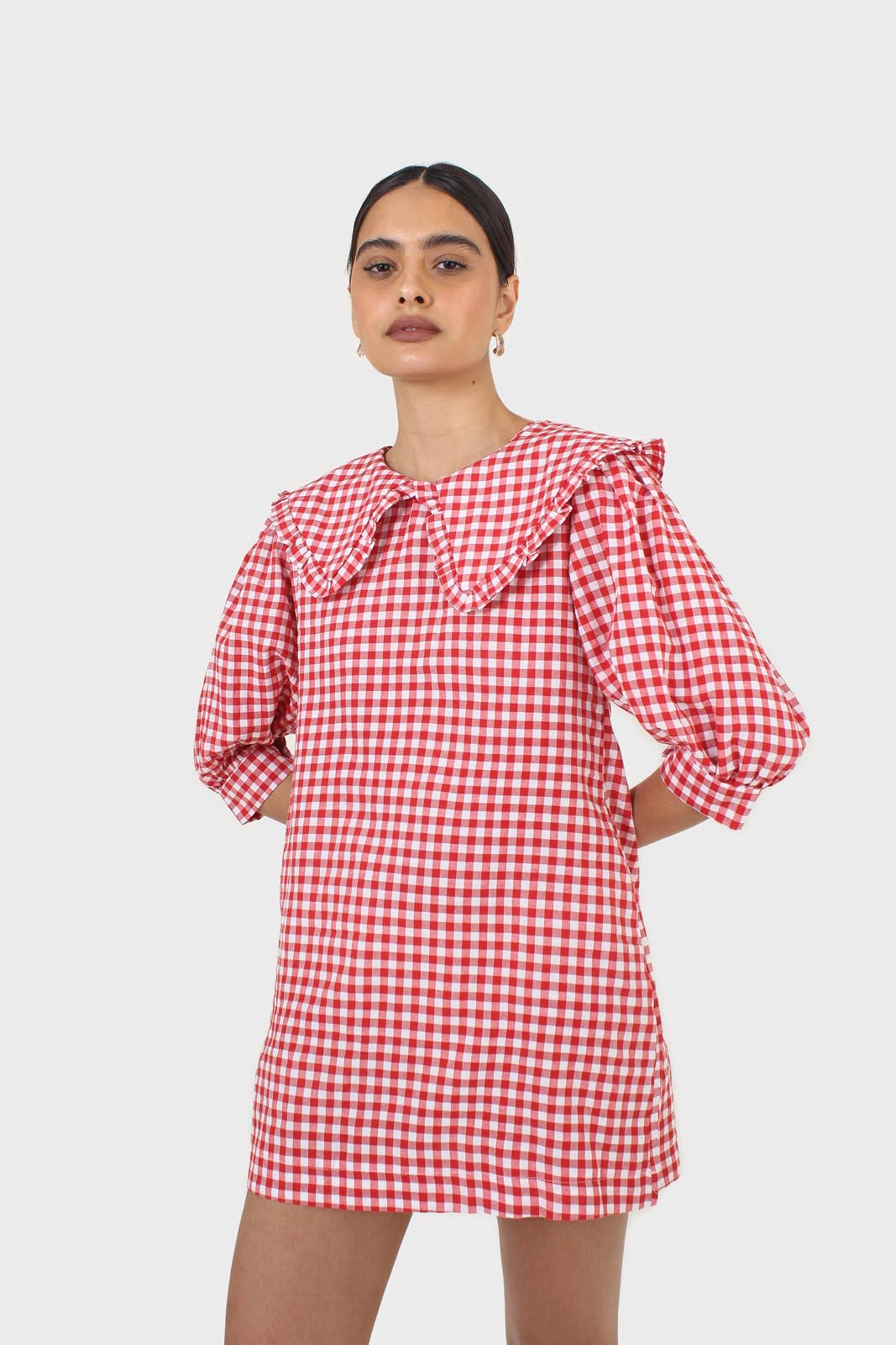 Red and ivory gingham large collar mini dress