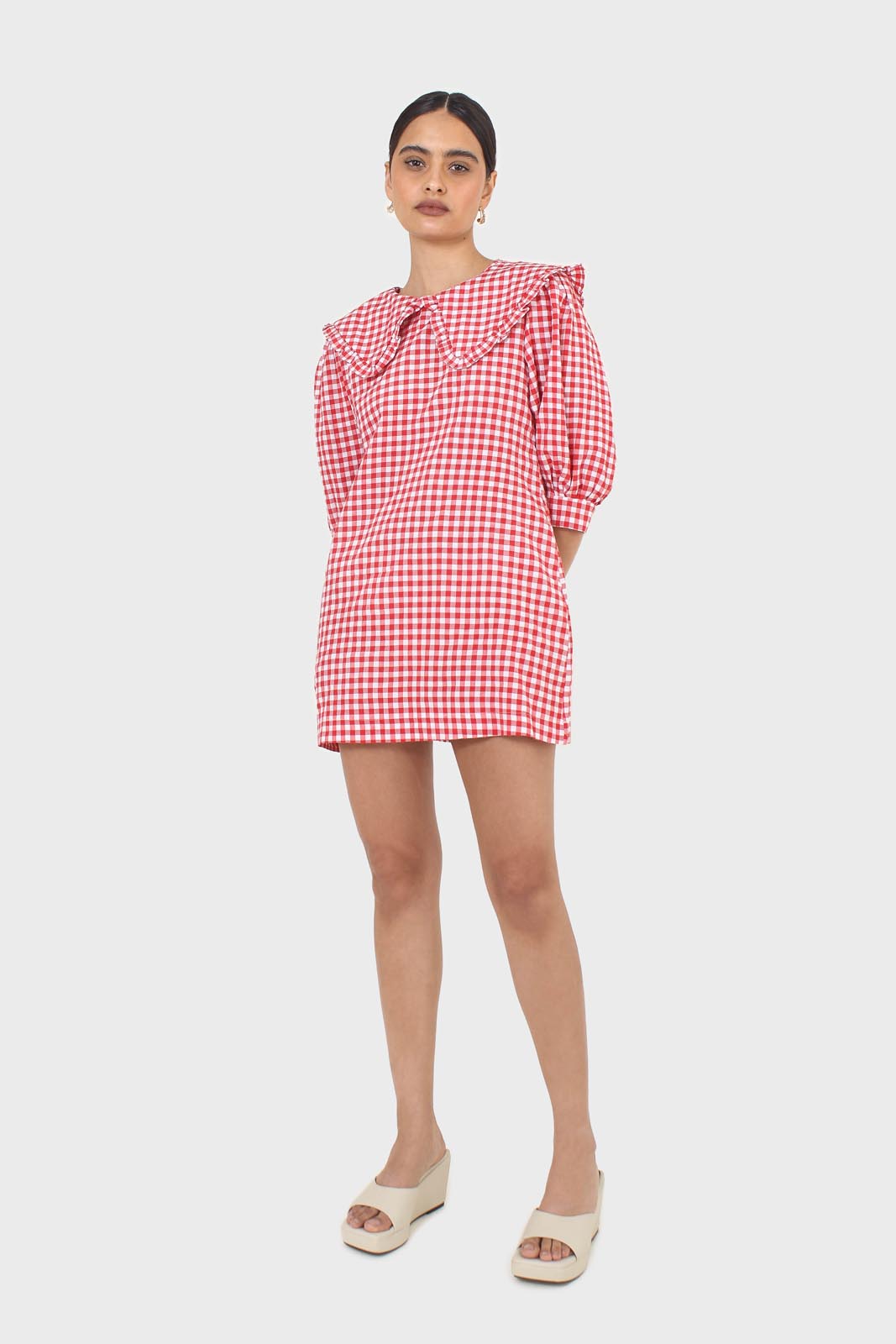 Red and ivory gingham large collar mini dress