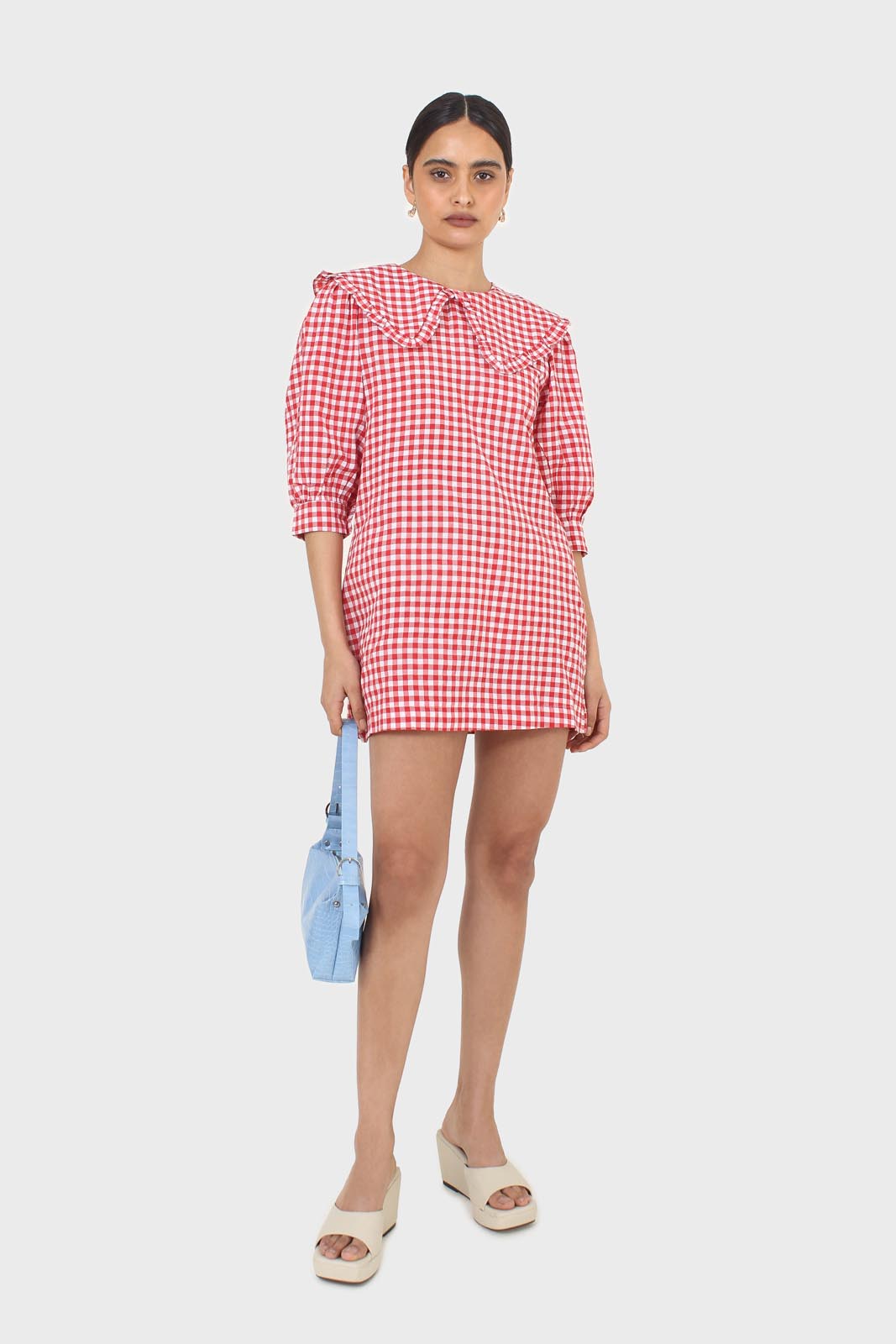Red and ivory gingham large collar mini dress