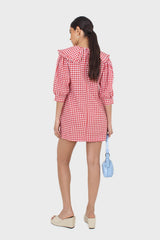 Red and ivory gingham large collar mini dress