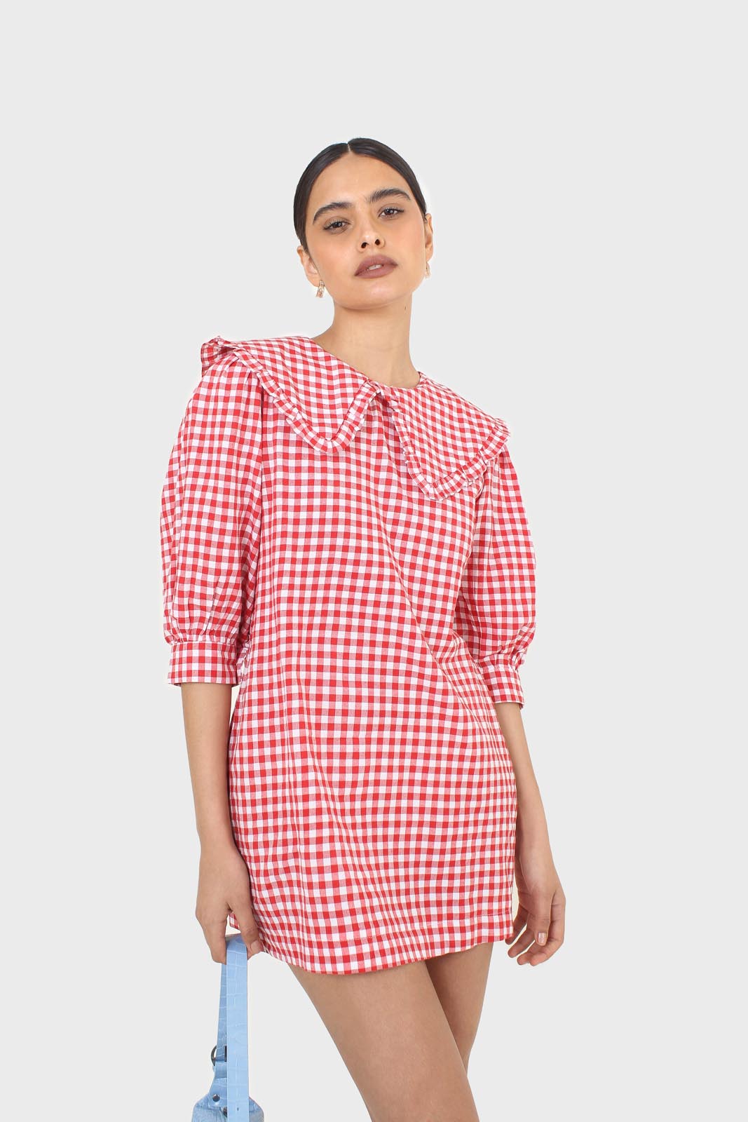 Red and ivory gingham large collar mini dress
