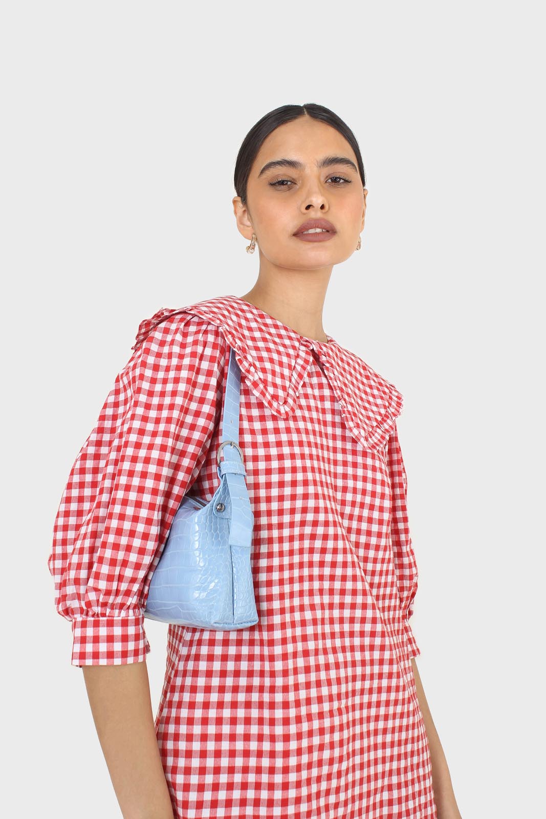 Red and ivory gingham large collar mini dress