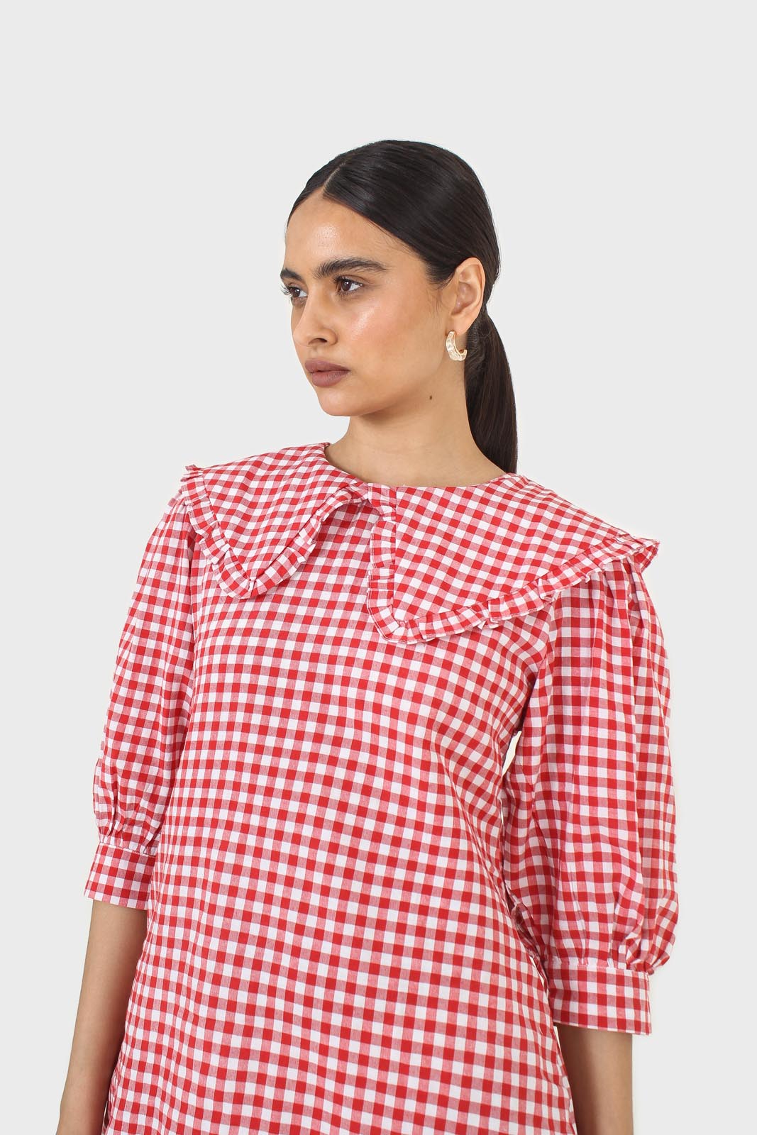 Red and ivory gingham large collar mini dress