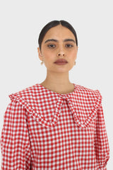 Red and ivory gingham large collar mini dress