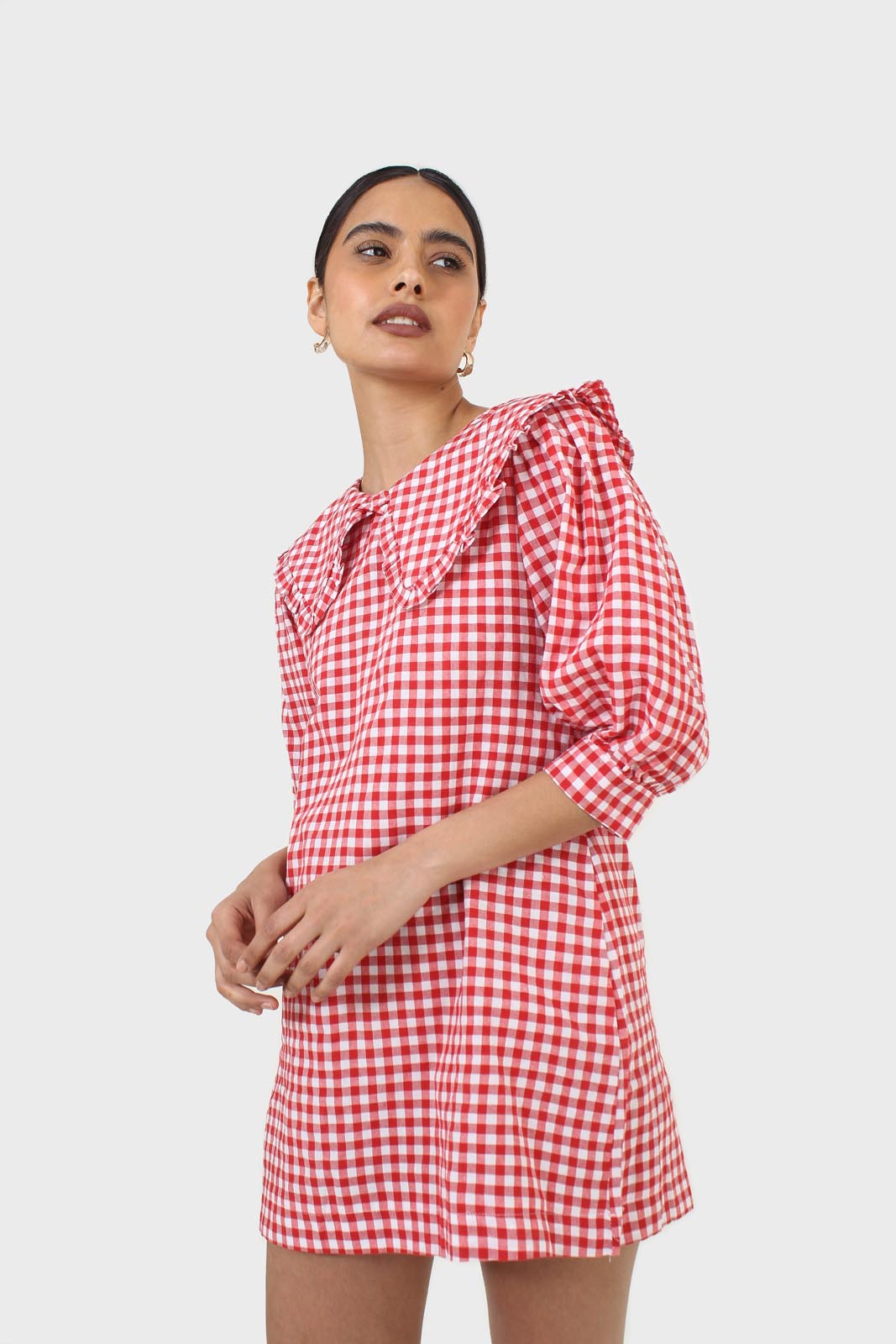 Red and ivory gingham large collar mini dress
