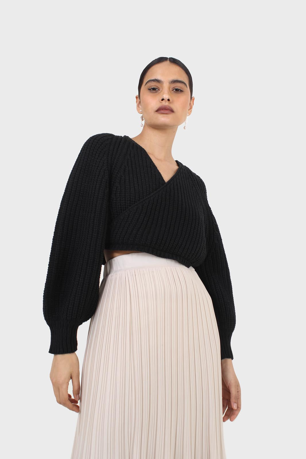 Black cross over balloon sleeve sweater