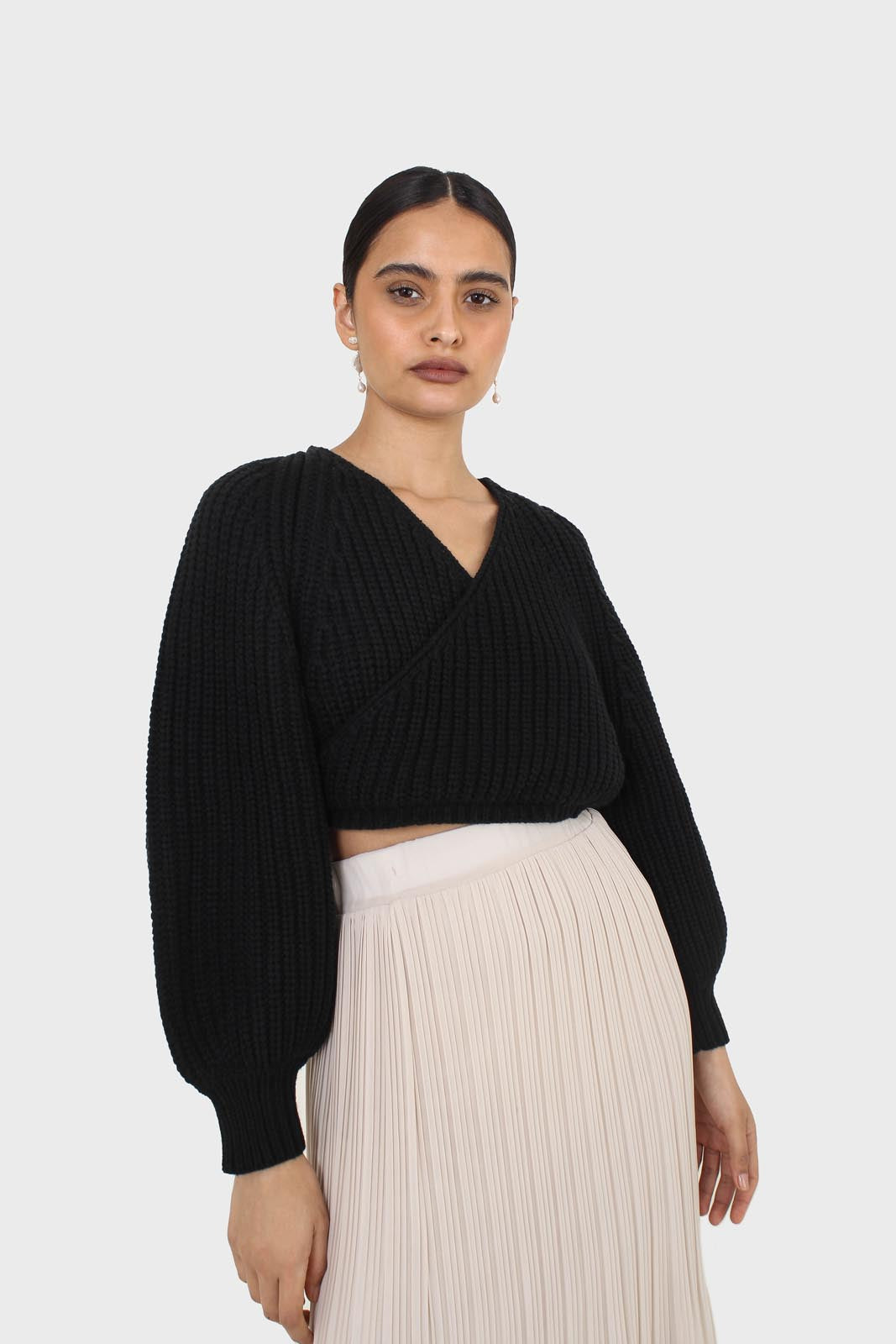 Black cross over balloon sleeve sweater