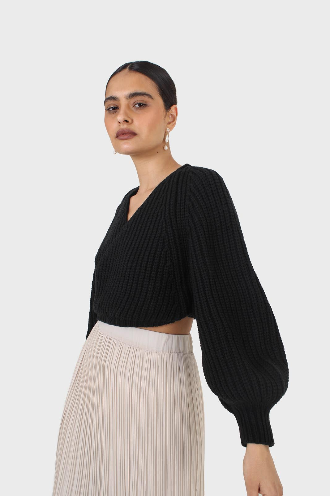 Black cross over balloon sleeve sweater