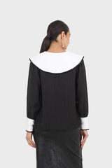 Black and ivory oversized pointed collar blouse