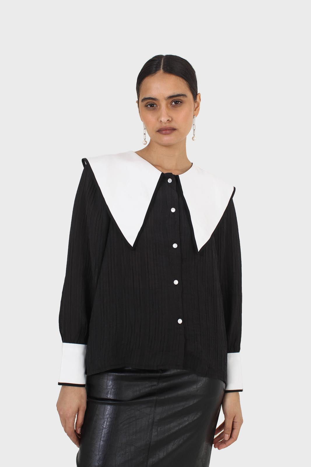 Black and ivory oversized pointed collar blouse