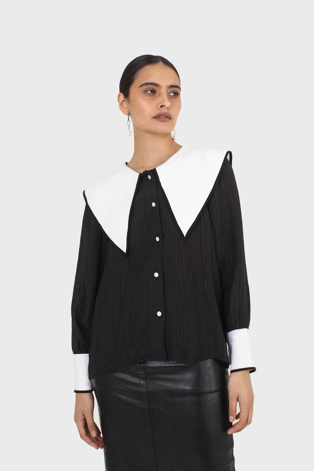 Black and ivory oversized pointed collar blouse