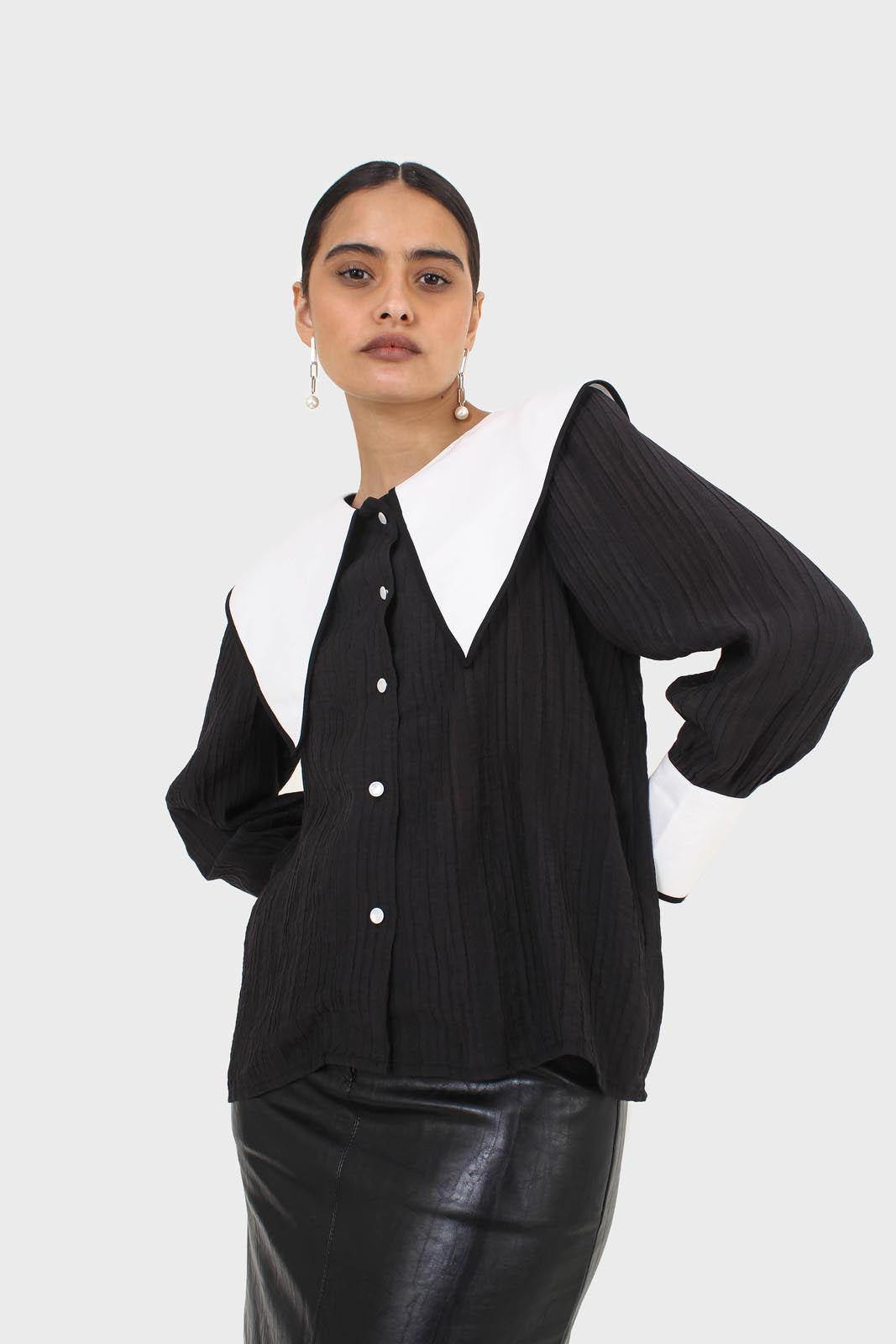 Black and ivory oversized pointed collar blouse