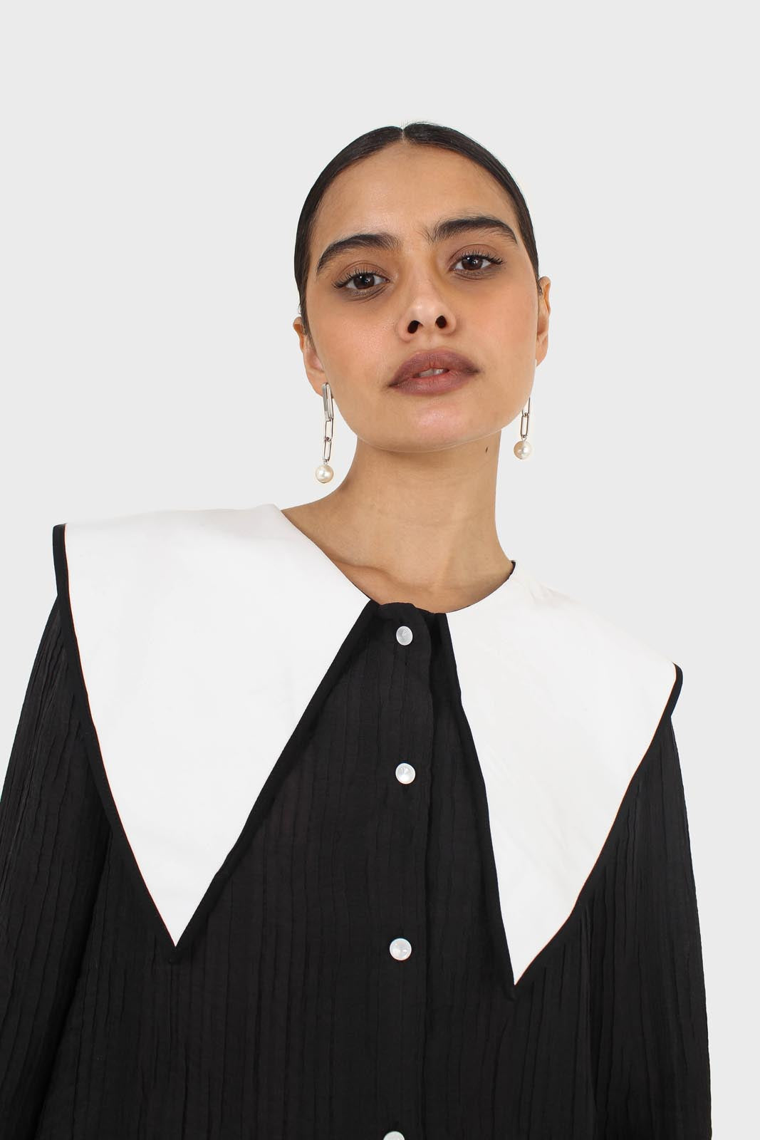 Black and ivory oversized pointed collar blouse