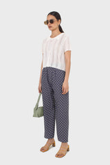 Blue and ivory polka dot loose fit silky trousers