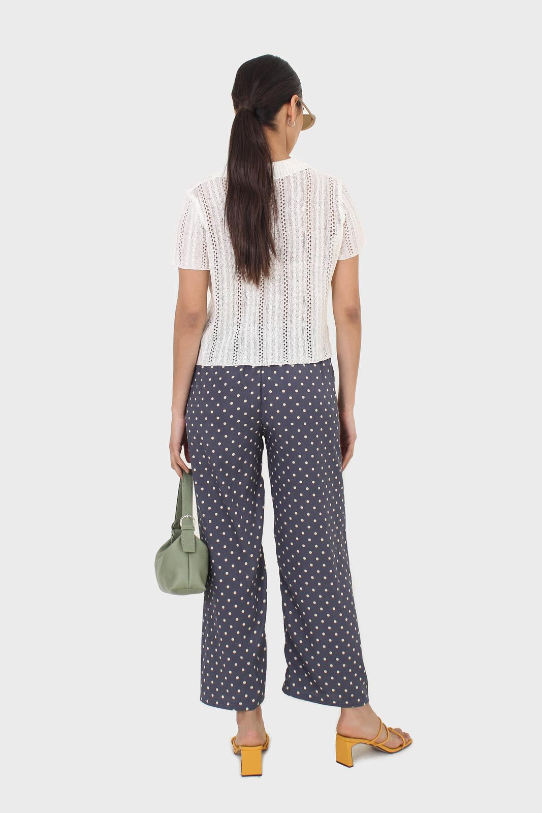 Blue and ivory polka dot loose fit silky trousers