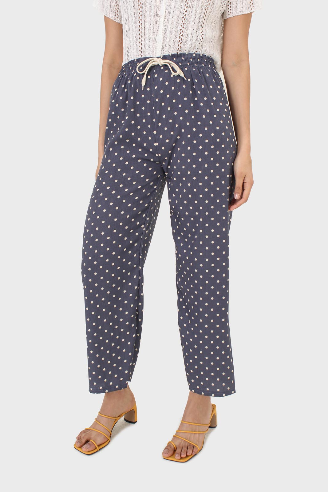 Blue and ivory polka dot loose fit silky trousers
