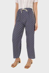 Blue and ivory polka dot loose fit silky trousers