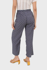 Blue and ivory polka dot loose fit silky trousers