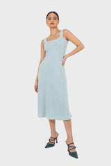 Blue square neckline ribbed midi dress