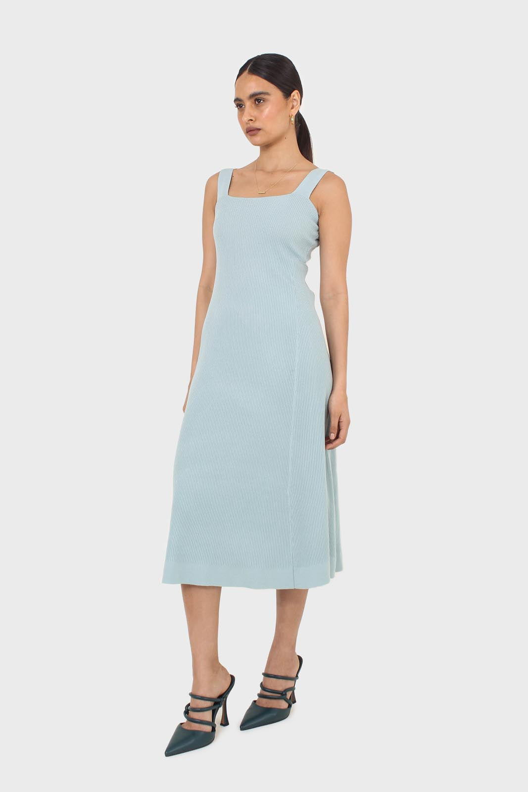 Blue square neckline ribbed midi dress