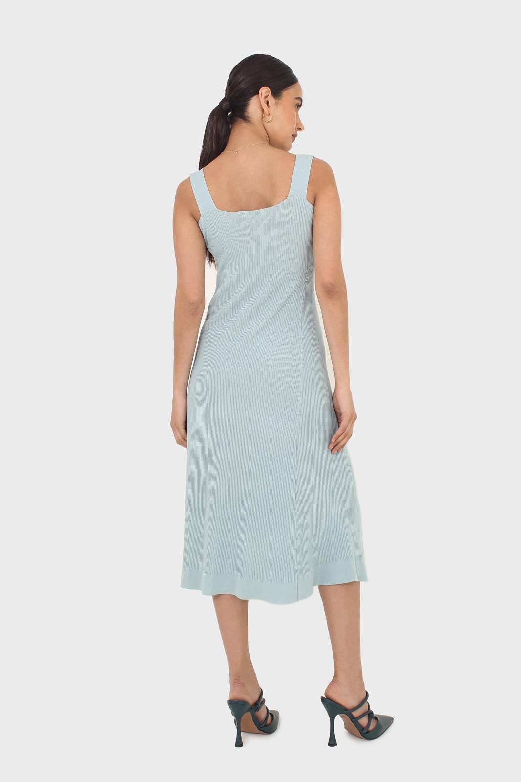 Blue square neckline ribbed midi dress