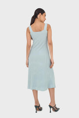 Blue square neckline ribbed midi dress